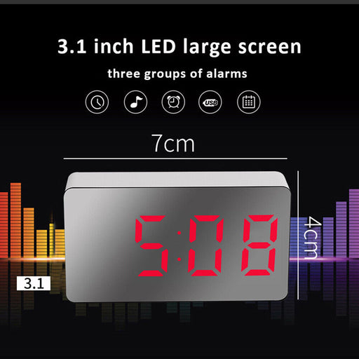 Mini Desk Alarm Clock Digital Mirror LED Big Display Bedroom Snooze Timer Home Electronic Table Clock