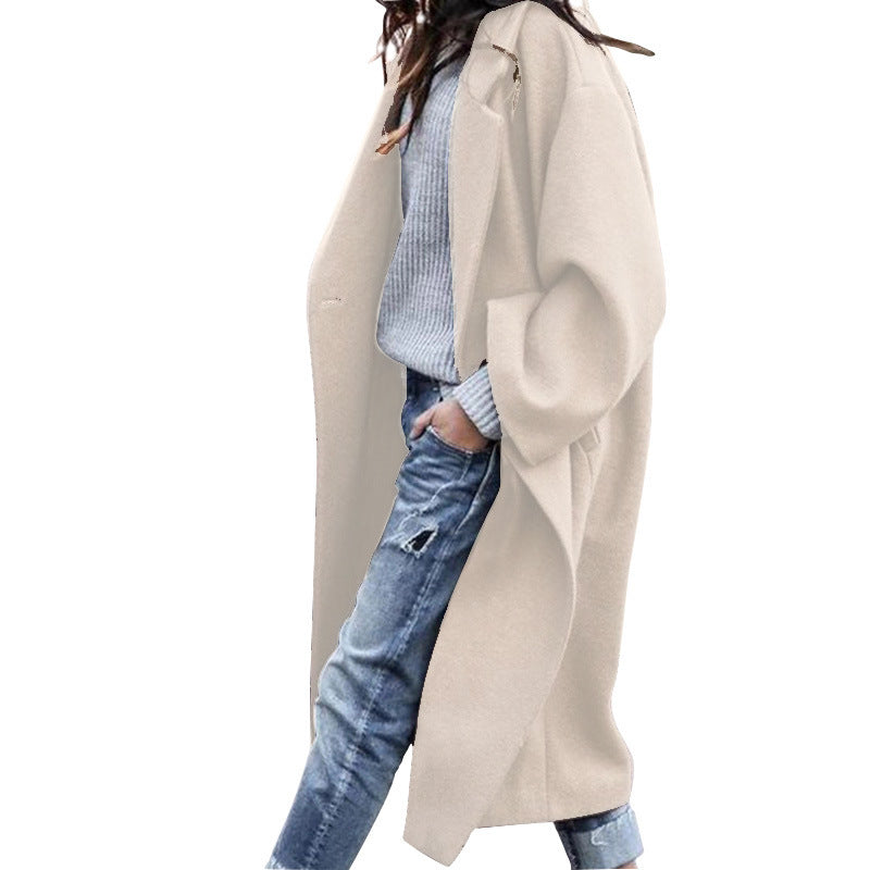 Casual Long Jacket With Pockets Solid Color Single Breasted Lapel Woolen Coat For Women Warm Winter Clothing