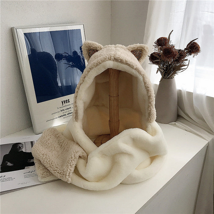 Cute Cat Ears Color Matching Plush Hooded Scarf