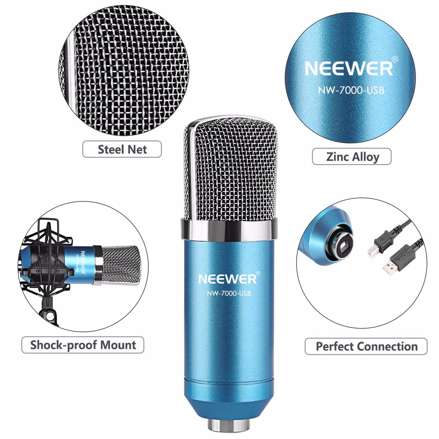 Neewer NW-7000 USB Professional Studio Condenser Microphone and NW-35 Adjustable Suspension Scissor Arm Stand with Shock Mount and Table Mounting Clamp Kit Perfect for Broadcasting and Sound 