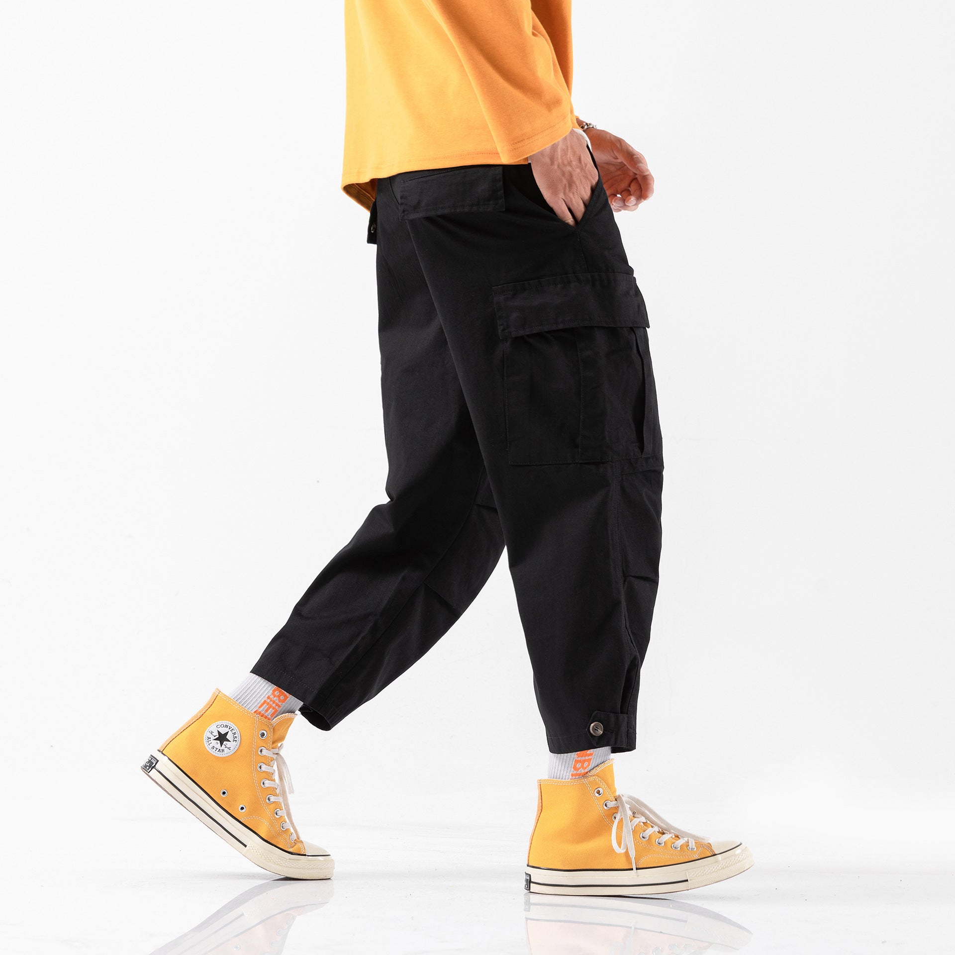 Multi-pocket overalls men's cropped pants