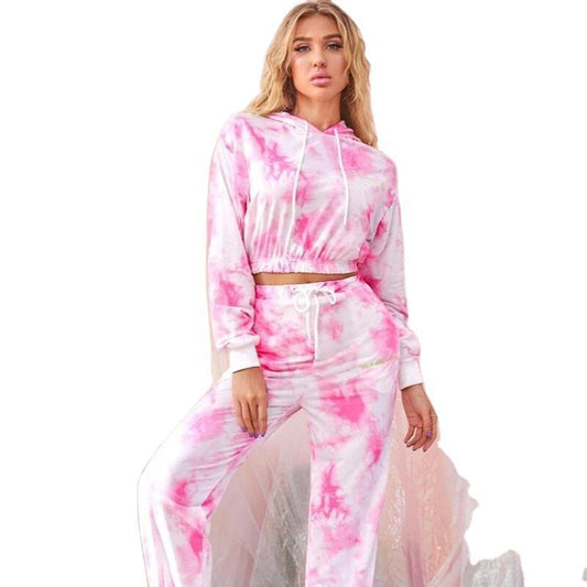 AliExpress Independent Station Wish Ladies Suit Tie-dye Drawstring Hooded Sports Suit