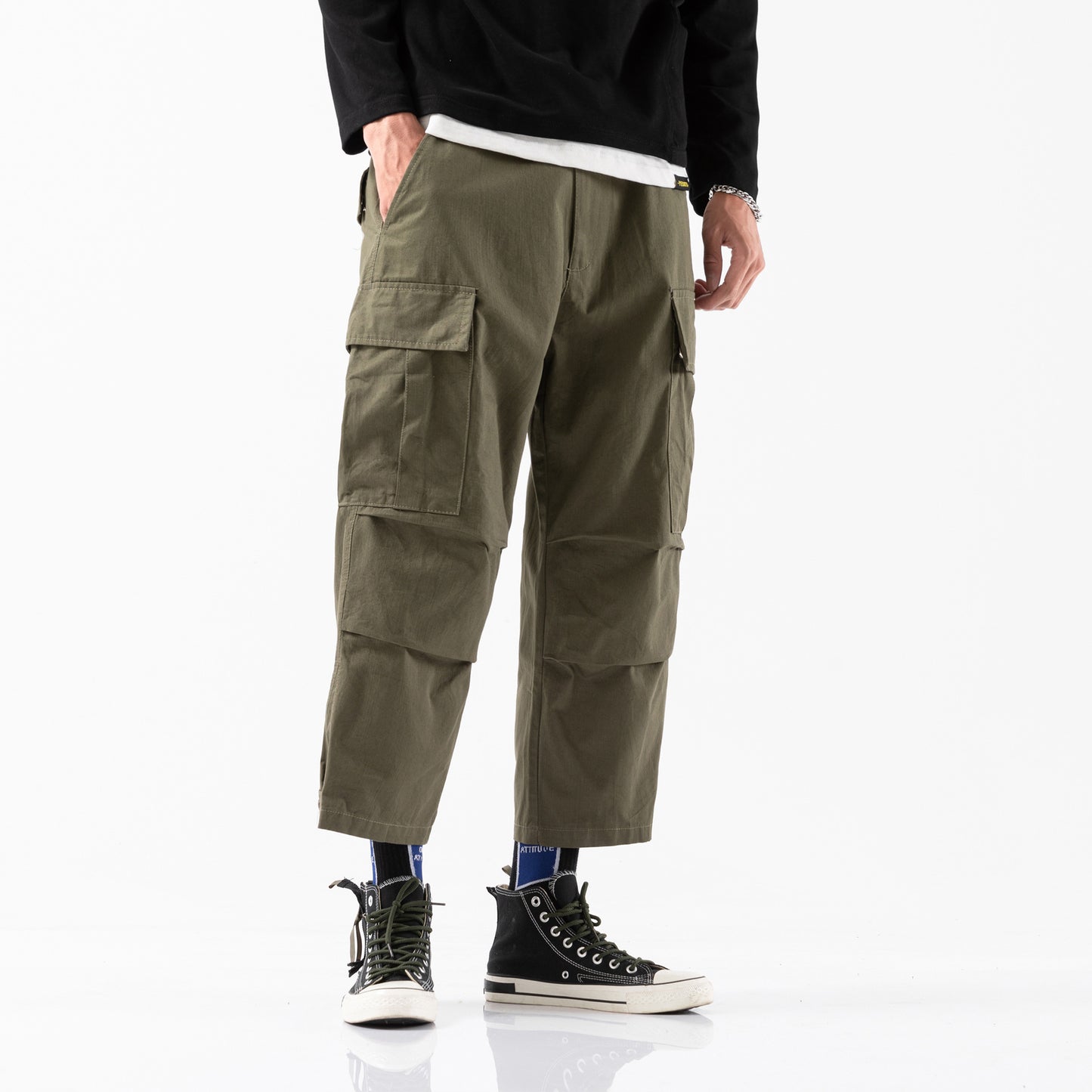 Multi-pocket overalls men's cropped pants