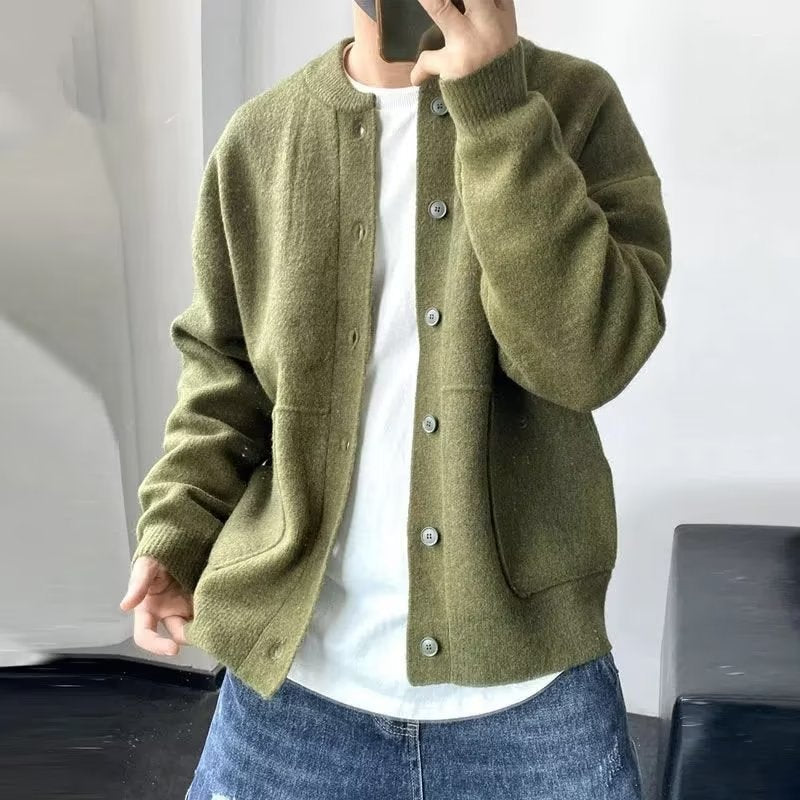 Wool Cardigan Men's Spring And Autumn Hong Kong Style Sweater Round Neck Jacket Simple Loose Thick Sweater Coat