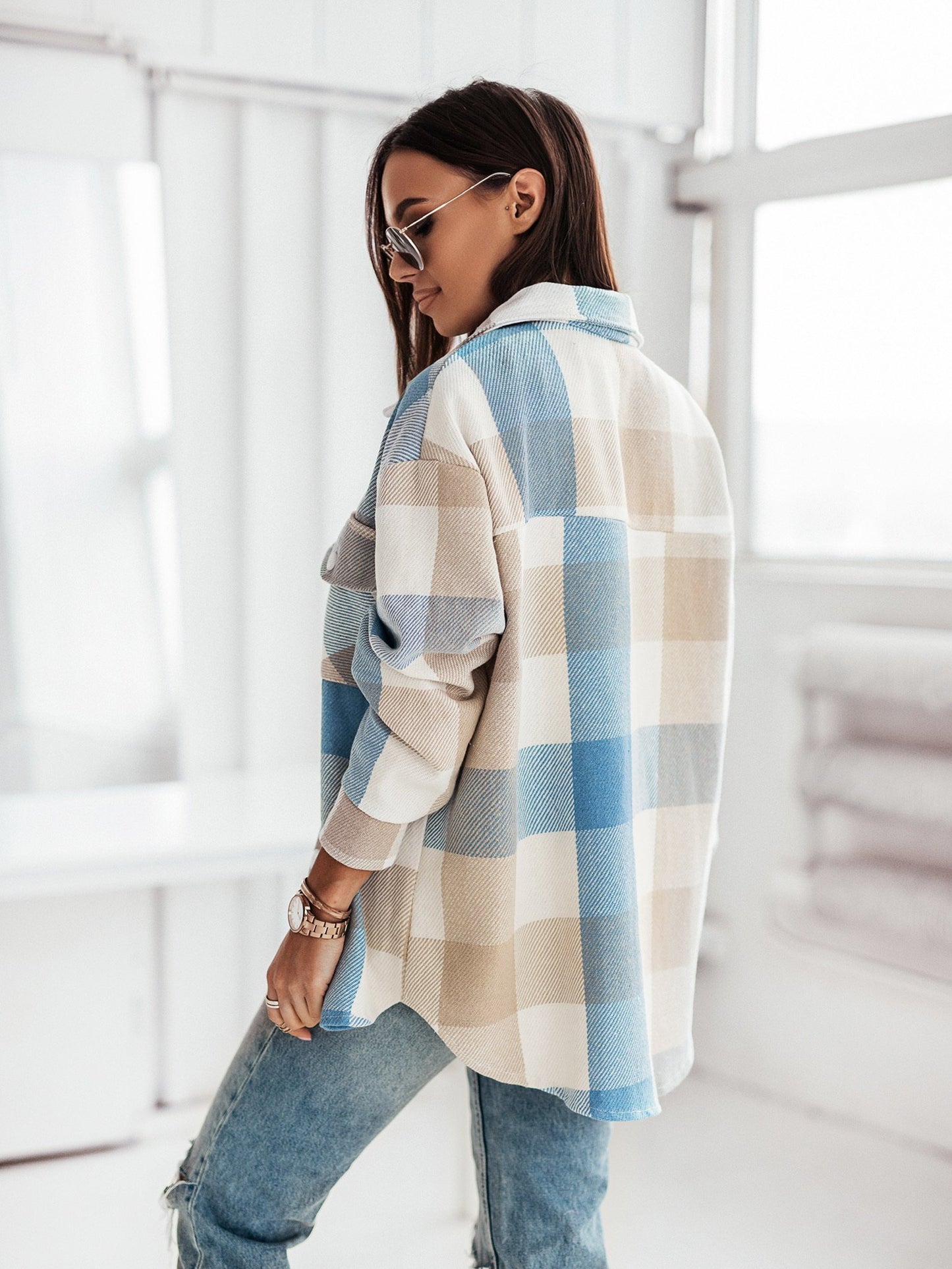 Women's Fashionable Color Plaid Shirt Brushed Woolen Coat