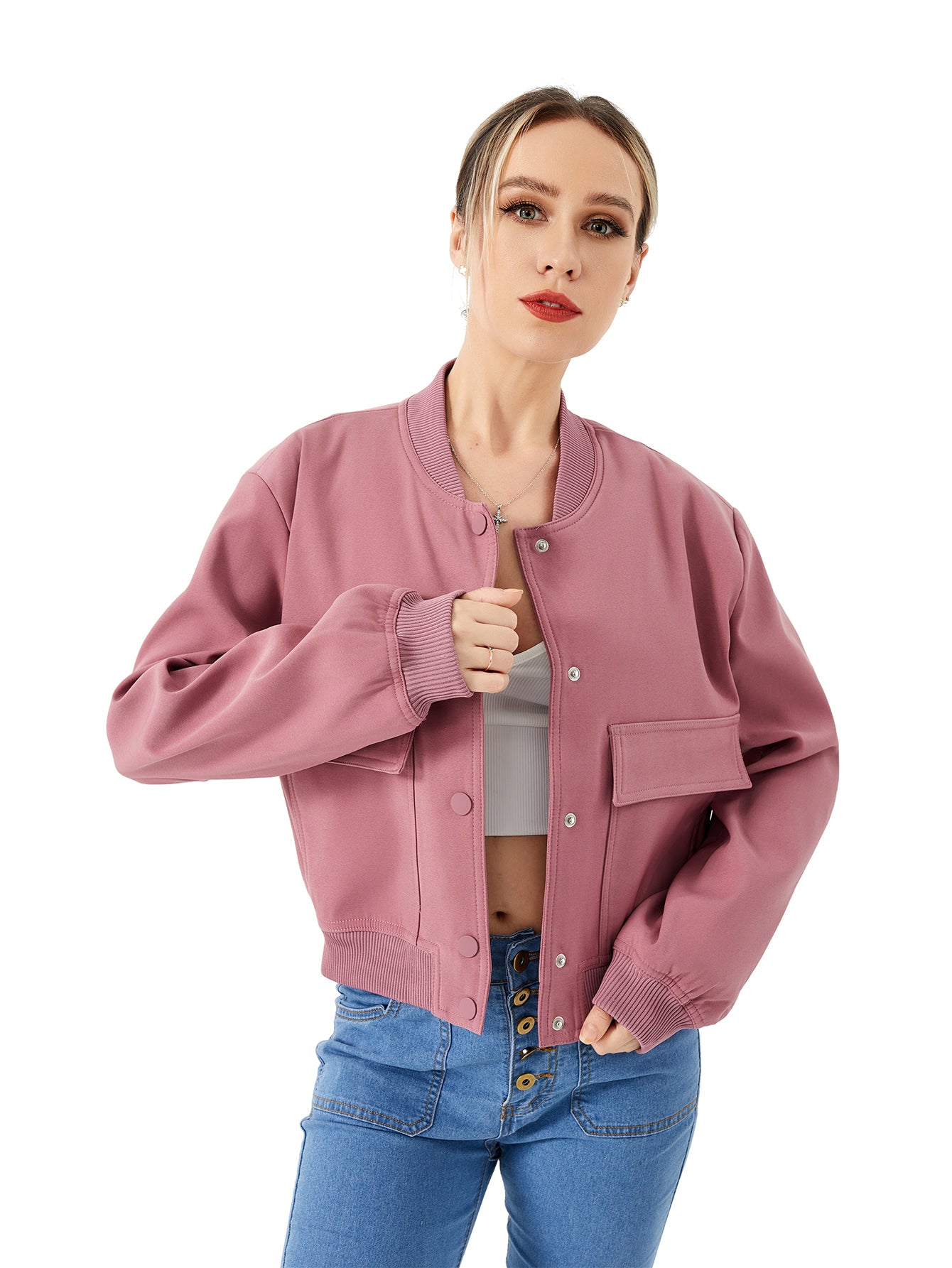 Women's Lightweight Cropped Bomber Jacket Casual Long Sleeve Varsity Jacket With Pocket Fashion Y2k Jacket Streetwear