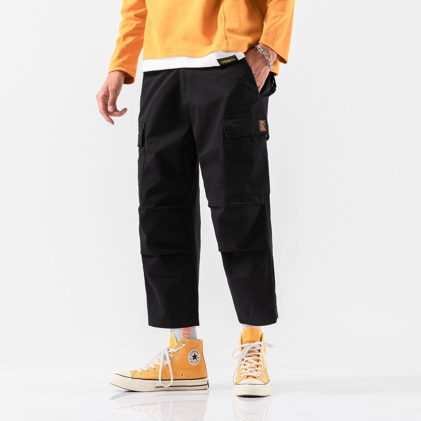 Multi-pocket overalls men's cropped pants