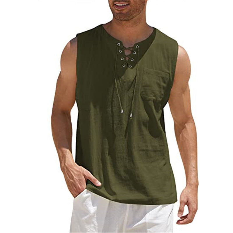 Tank Vest Men Shirt Collar Tie Short Sleeve T-Shirt