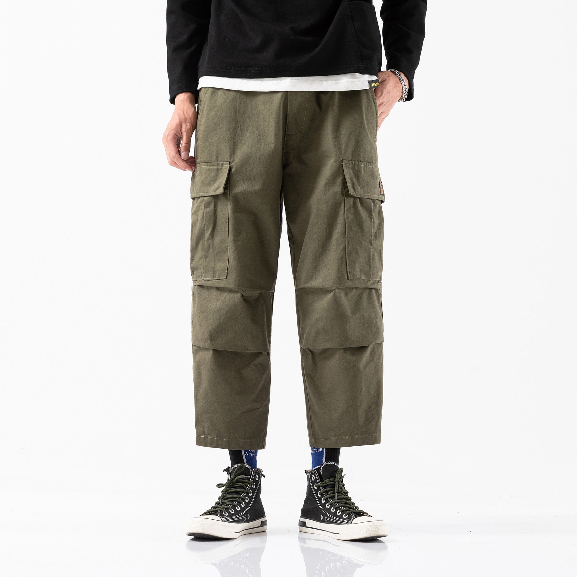 Multi-pocket overalls men's cropped pants