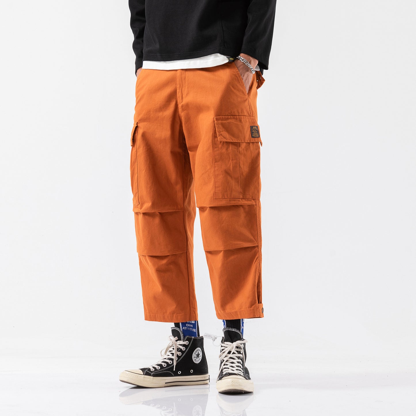 Multi-pocket overalls men's cropped pants