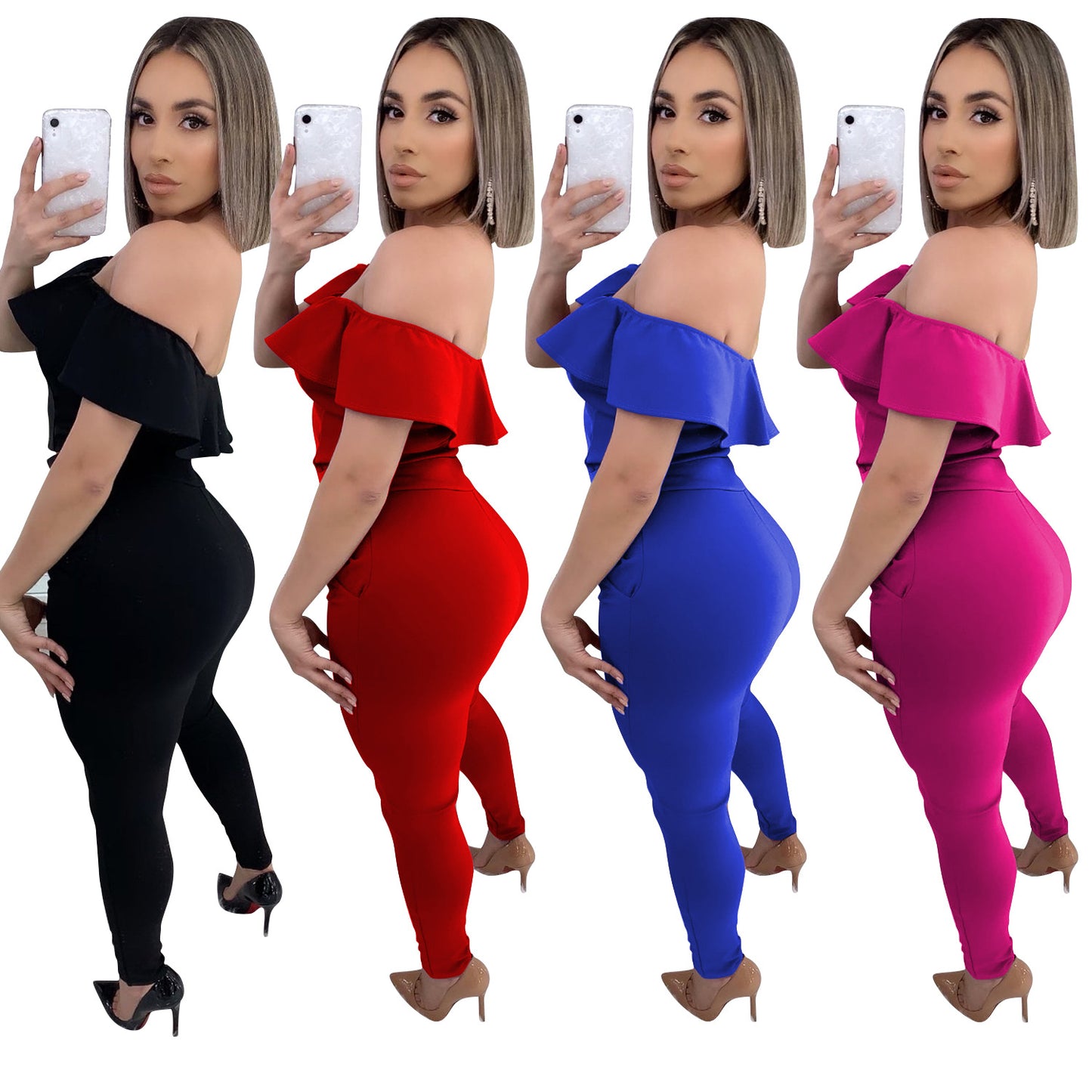 Sexy one-shoulder ruffle two-piece women's clothing