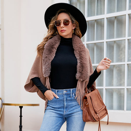 Drizzling Fur Collar Knitted Tassel Cape Coat Women