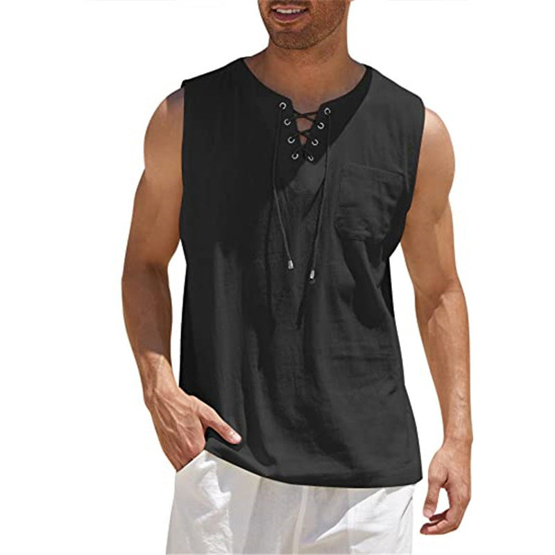 Tank Vest Men Shirt Collar Tie Short Sleeve T-Shirt