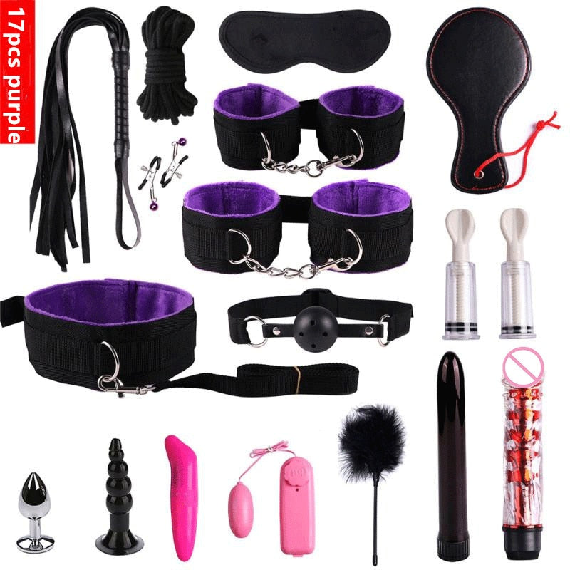 23 Pcs Bdsm Bondage Adult Slave Games Set Sex Handcuffs Whip Mouth Gag Porno Sex Butt Plug Bead Anal Plug Vibrator For Couples