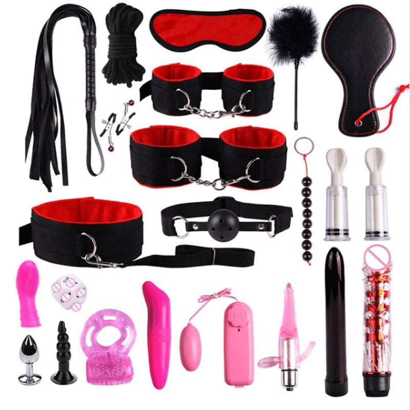 23 Pcs Bdsm Bondage Adult Slave Games Set Sex Handcuffs Whip Mouth Gag Porno Sex Butt Plug Bead Anal Plug Vibrator For Couples