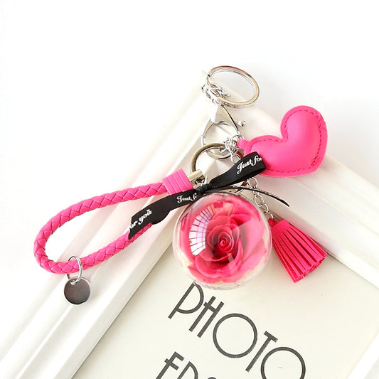 Woven Leather String Love Tassel Flower Keychain