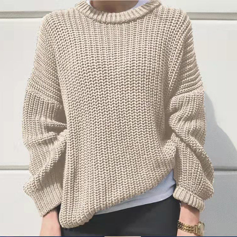 Women's Fashion Casual Simple Thick Needle Long Sleeve Round Neck Loose Knitted Pullover Sweater