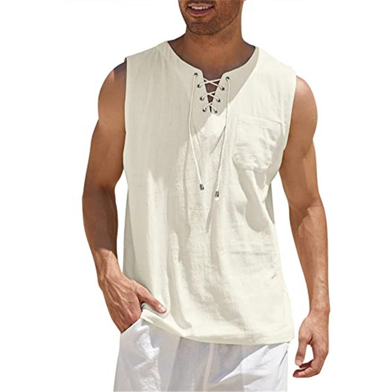 Tank Vest Men Shirt Collar Tie Short Sleeve T-Shirt