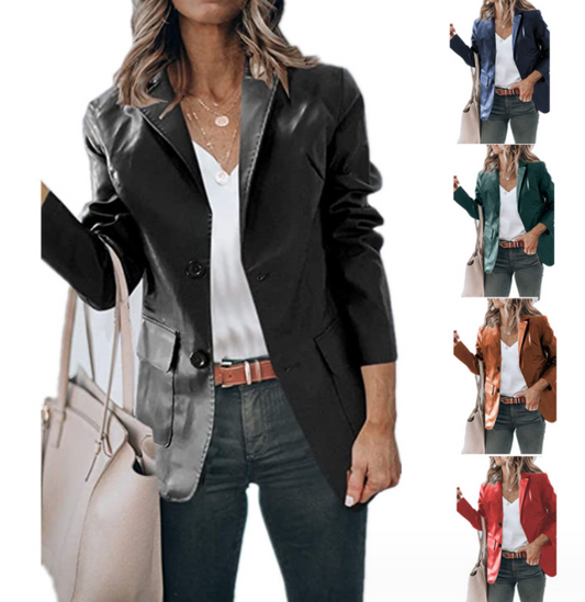 Lapel Single Breasted Solid Color PU Leather Women's Coat