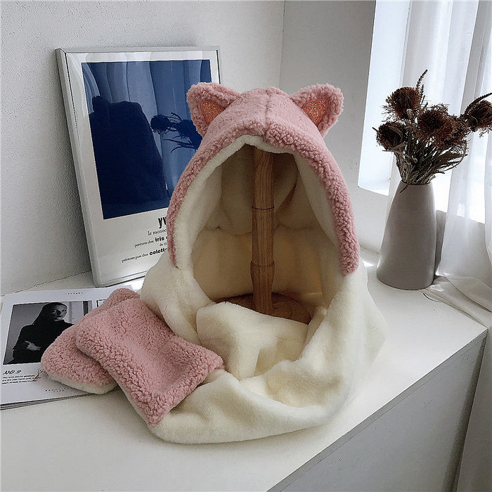 Cute Cat Ears Color Matching Plush Hooded Scarf