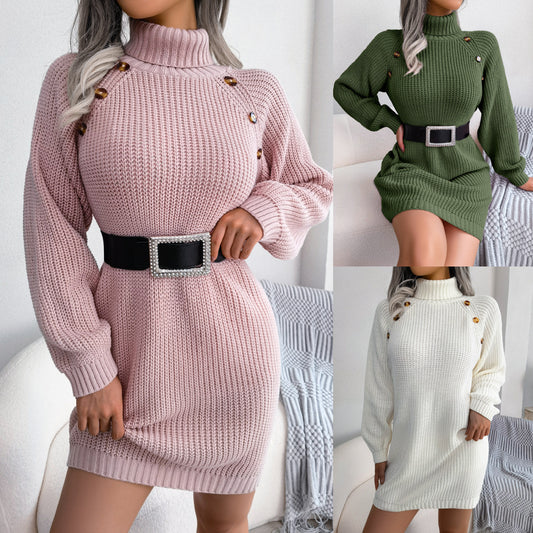 Autumn And Winter European And American Leisure Clinch Turtleneck Long Sleeve Base Sweater Dress