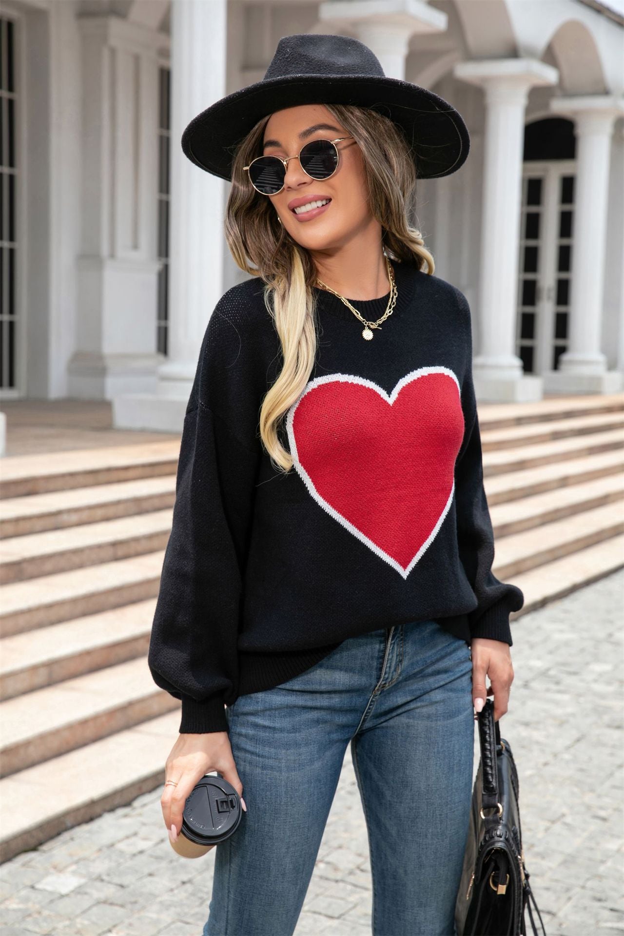 Round Neck Love Sweater Pullover Plus Size Peach Heart Sweater