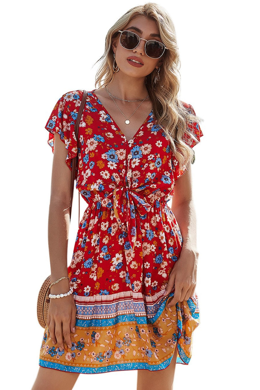 Spring Clothes V-neck Printing Dress Women