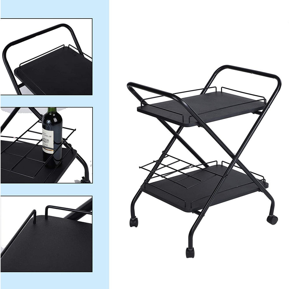 2-Tier Rolling Utility Cart With Wheels, Metal Bar Service Car With Wine Rack, Lockable Wheel Multi-Functional Storage Rack For Bar Office And Kitchen