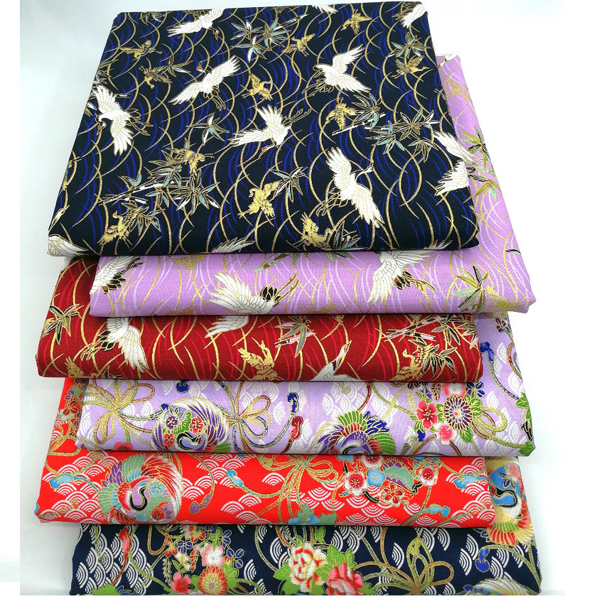 Japanese Style Hot Gold Printing Cloth Fairy Crane Peacock DIY Handmade Patchwork