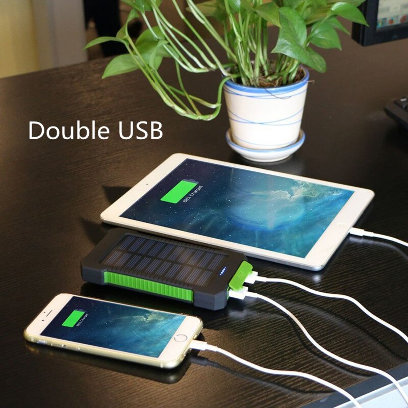 For Smartphone with LED Light Solar Power Bank Waterproof 20000mAh Charger 2 USB Ports External Charger Powerbank