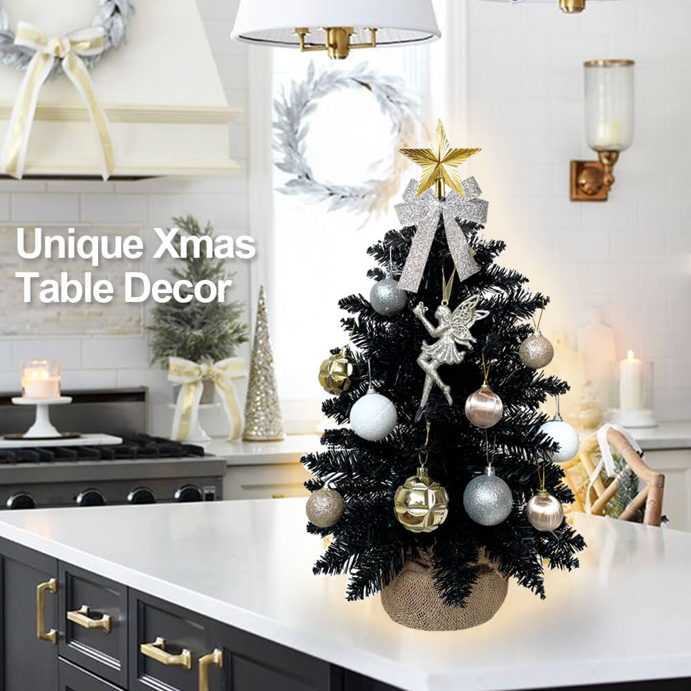 2ft Black Mini Christmas Tree With Light Artificial Small Tabletop Christmas Decoration, Exquisite Decor & Xmas Ornaments For Table Top For Home & Office