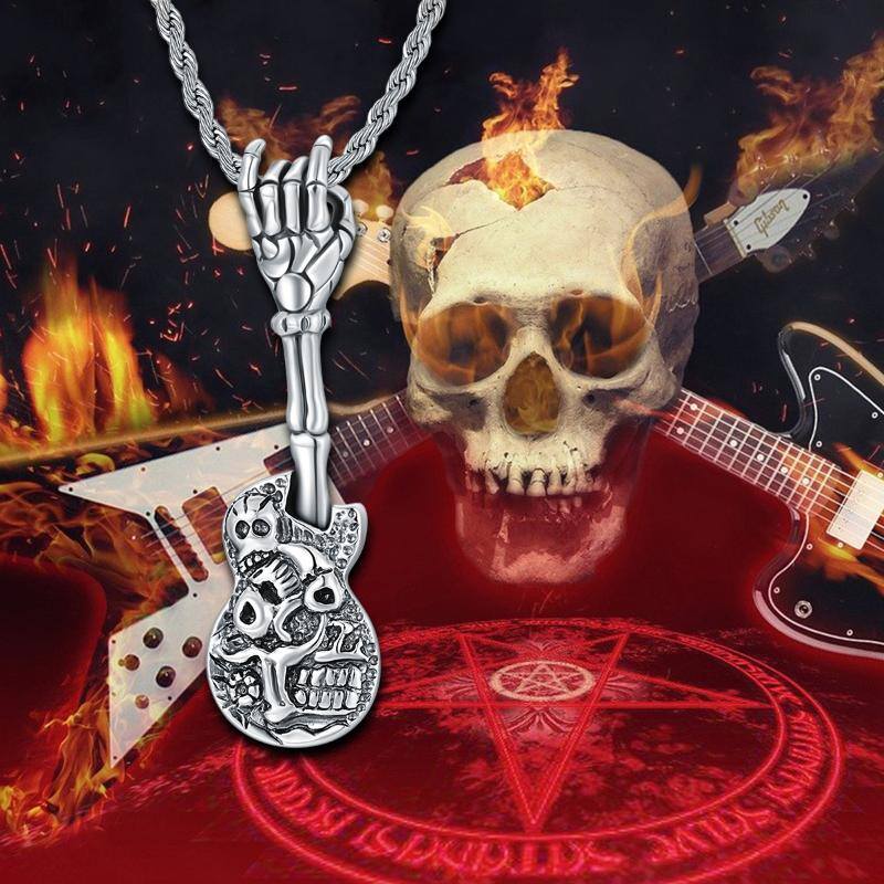 Skull Guitar Pendant for Men Punk Rock Gothic Skeleton Necklace for Men