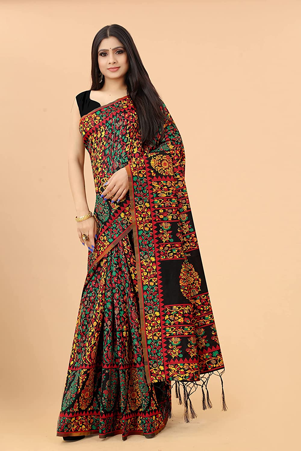 Women's Kalamkari Jacquard Cotton Saree With Blouse Piece