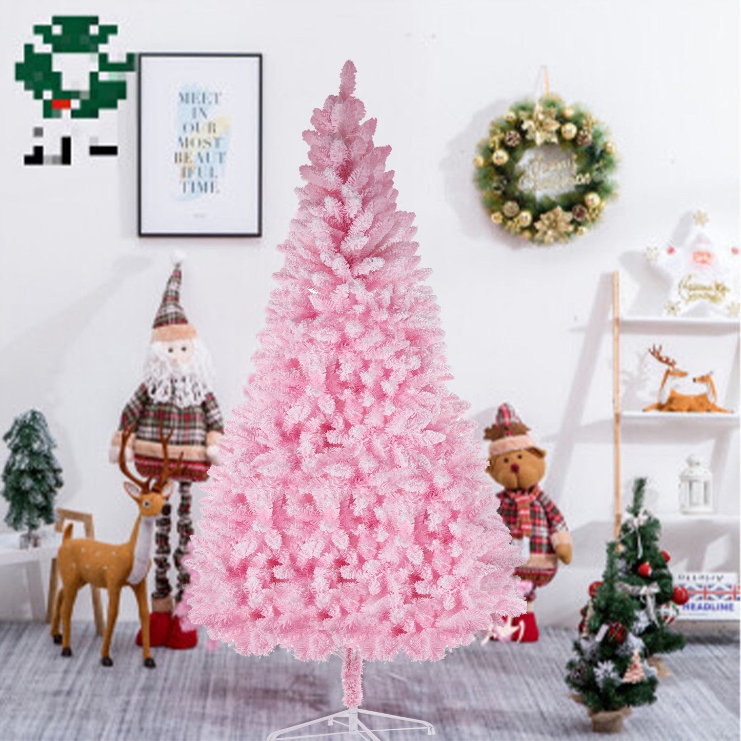 Pink Artificial Snow Flocked Christmas Tree, 8ft  Full Tree, With  Metal Stand