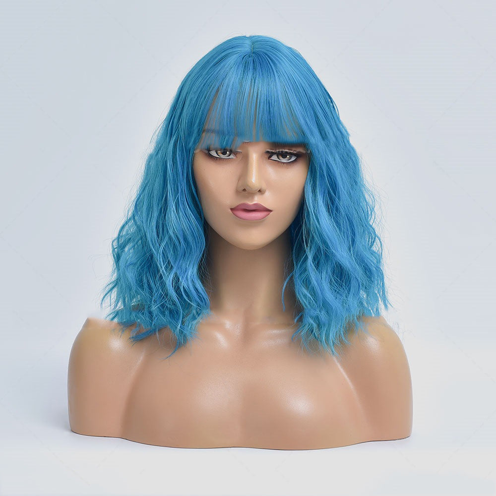 New European And American Style Wig Women's Light Blue Short Curly Hair Chemical Fiber Wig