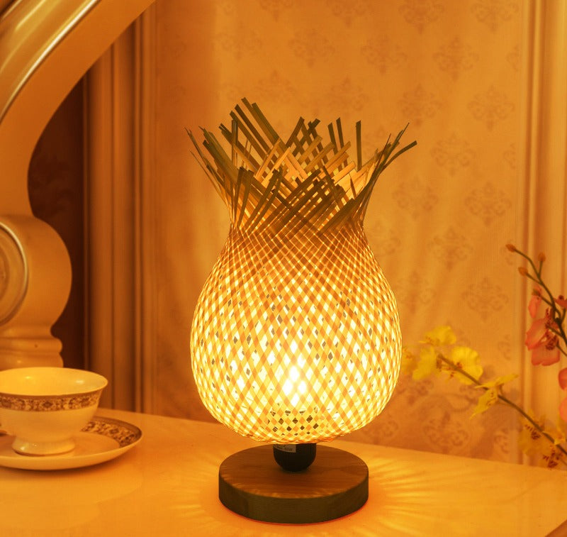 European Style Rubber Wood Table Lamp Bamboo Woven Hotel Bedside Table Lamp