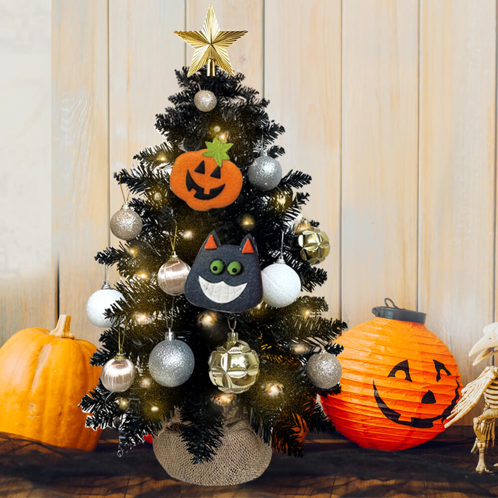 2FT Halloween Decoration Tabletop Christmas Tree With Lights And Ornaments, Multifunctional Artificial Black Mini Halloween Tree With Halloween Decor For Home Office Apartment