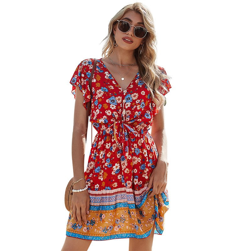 Spring Clothes V-neck Printing Dress Women