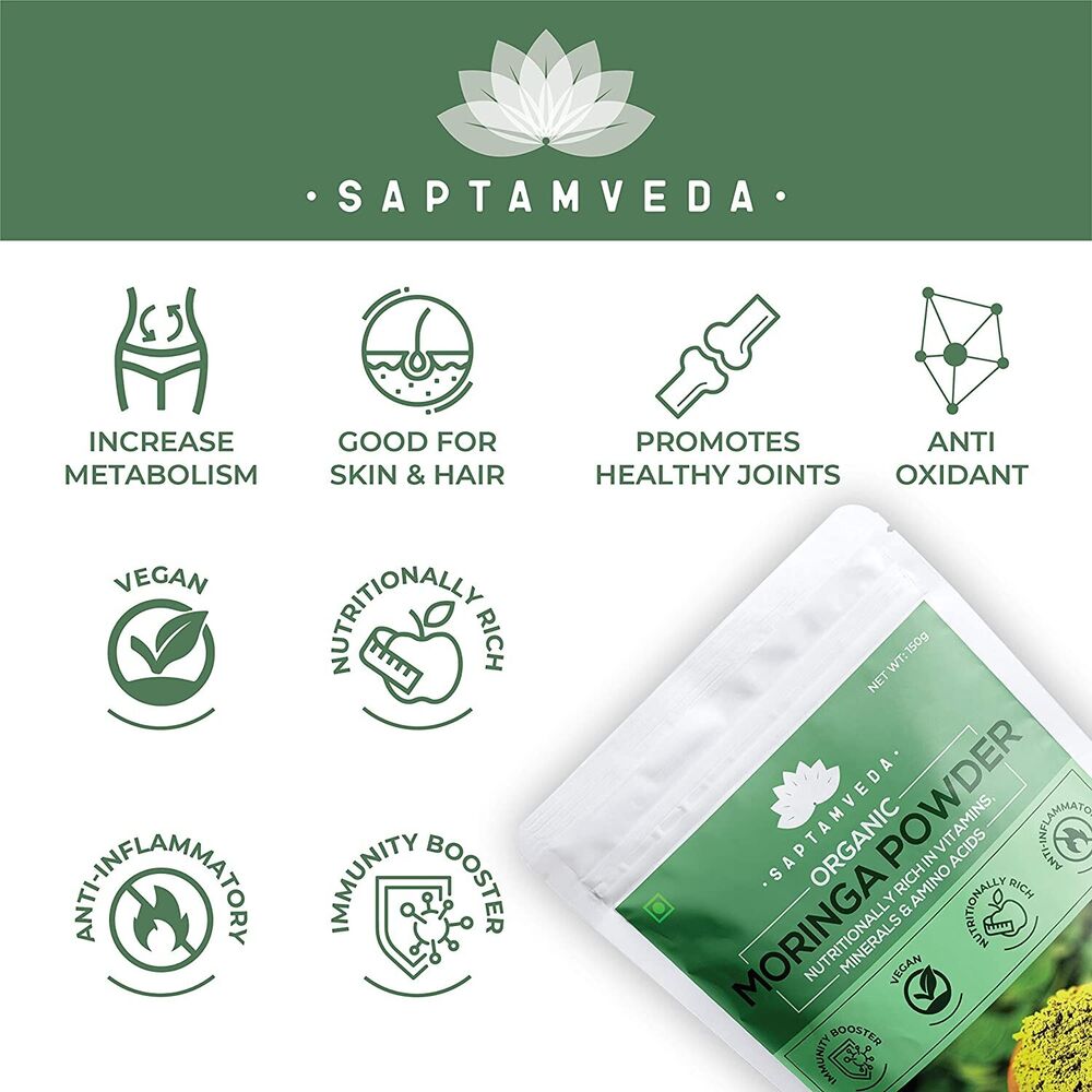 SAPTAMVEDA Certified Organic Moringa Drumstick Leaf Powder 150 GM WEIGHT LOSS DRINK Boosts Immunity And Energy Levels  Nutritionally Rich With Vitamins, Minerals And Amino Acids. Rich Source