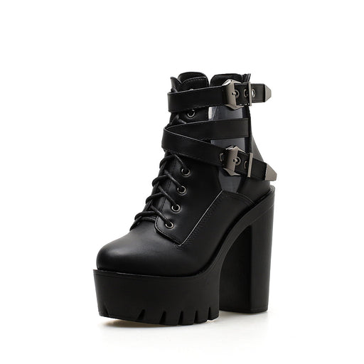 High-heeled ankle boot with belt buckle