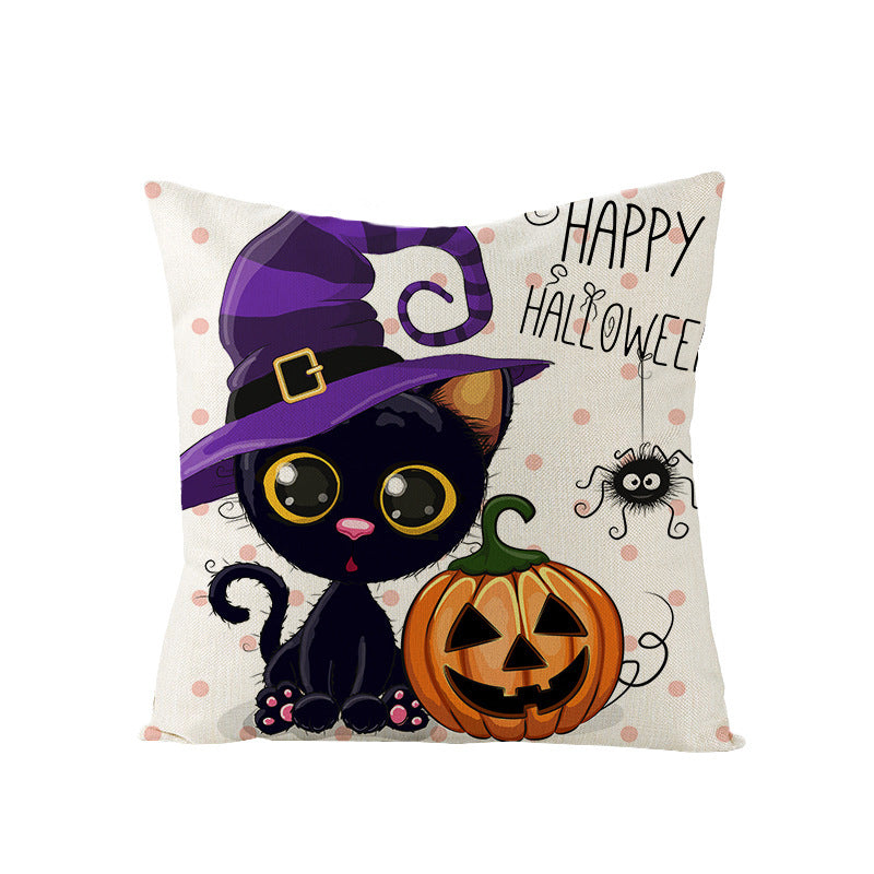 Halloween Linen Cute Cartoon Printed Kitten Pumpkin Head Pillow Cover