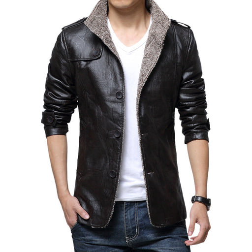 Korean Style Men's Slim Leather Jacket with Plush Thick Fur