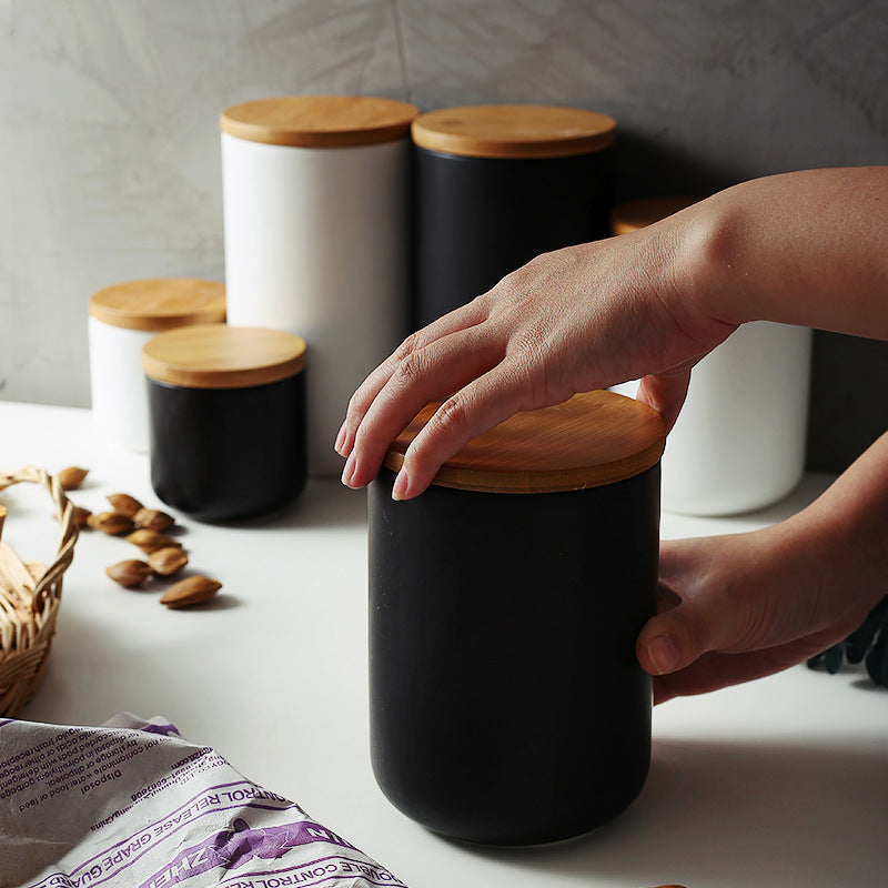 Kitchen ceramic wooden lid sealed storage jar