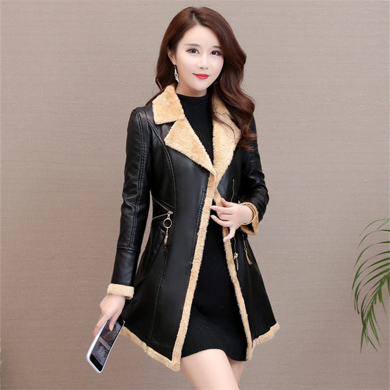 Thick slim plus suede leather women's trench coat