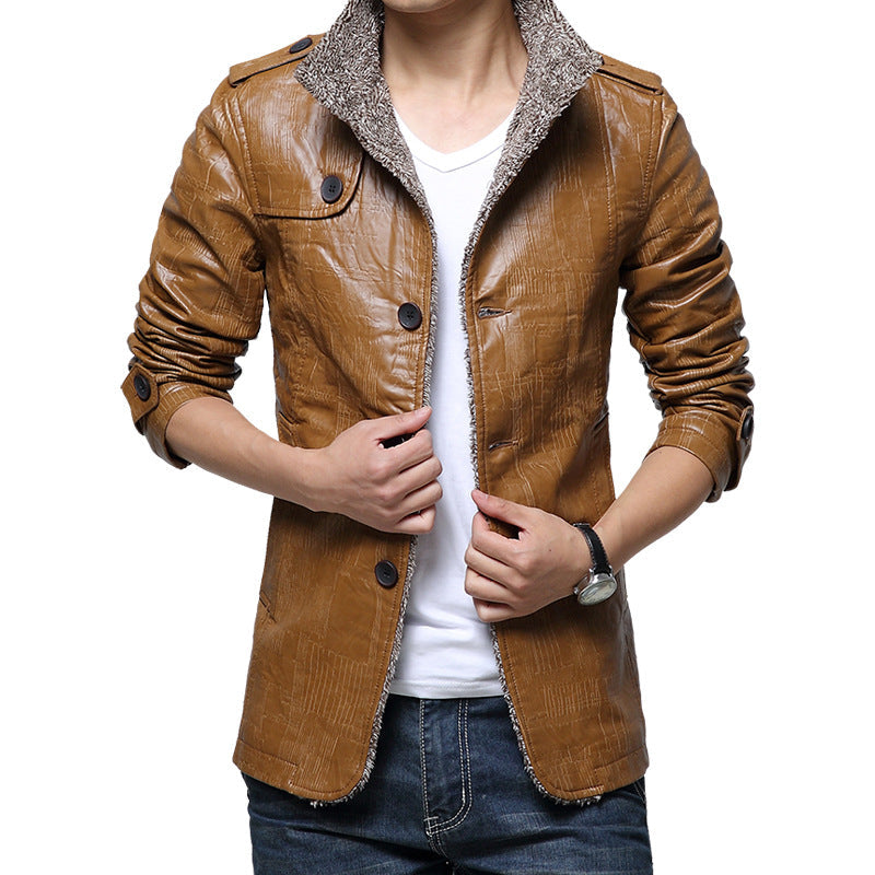 Korean Style Men's Slim Leather Jacket with Plush Thick Fur