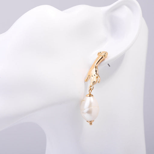 Abstract Cutout Hand Palm Pearl Dangle Earrings Gold Filled