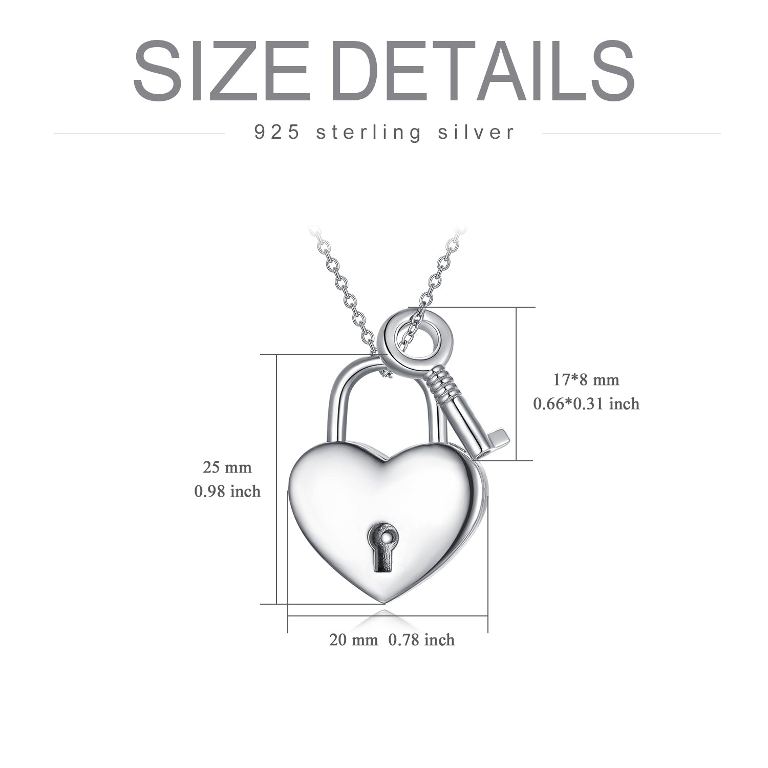 Heart Lock 925 Sterling Silver  Key Pendant Padlock Necklace For Womens Teens Lover Egirls