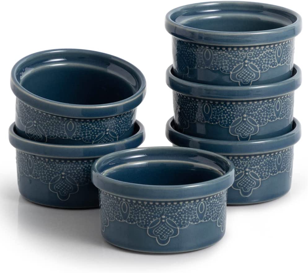 FE Ramekins, Lace Emboss Ramekin 8 Oz Oven Safe, Creme Brulee Set Of 6, Ceramic Souffle Dish For Baking Dessert And Cake