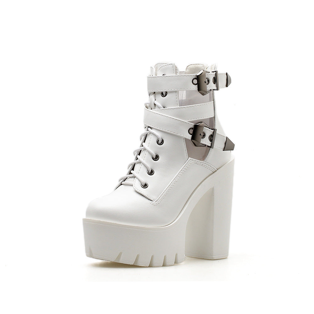 High-heeled ankle boot with belt buckle