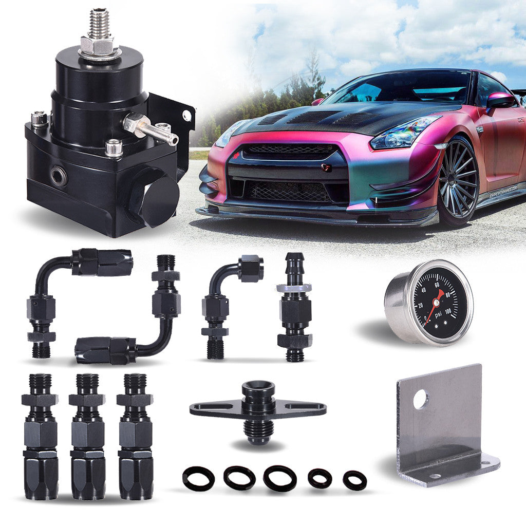 Black Adjustable Fuel Pressure Regulator Kit AN 6 Fitting End Universal